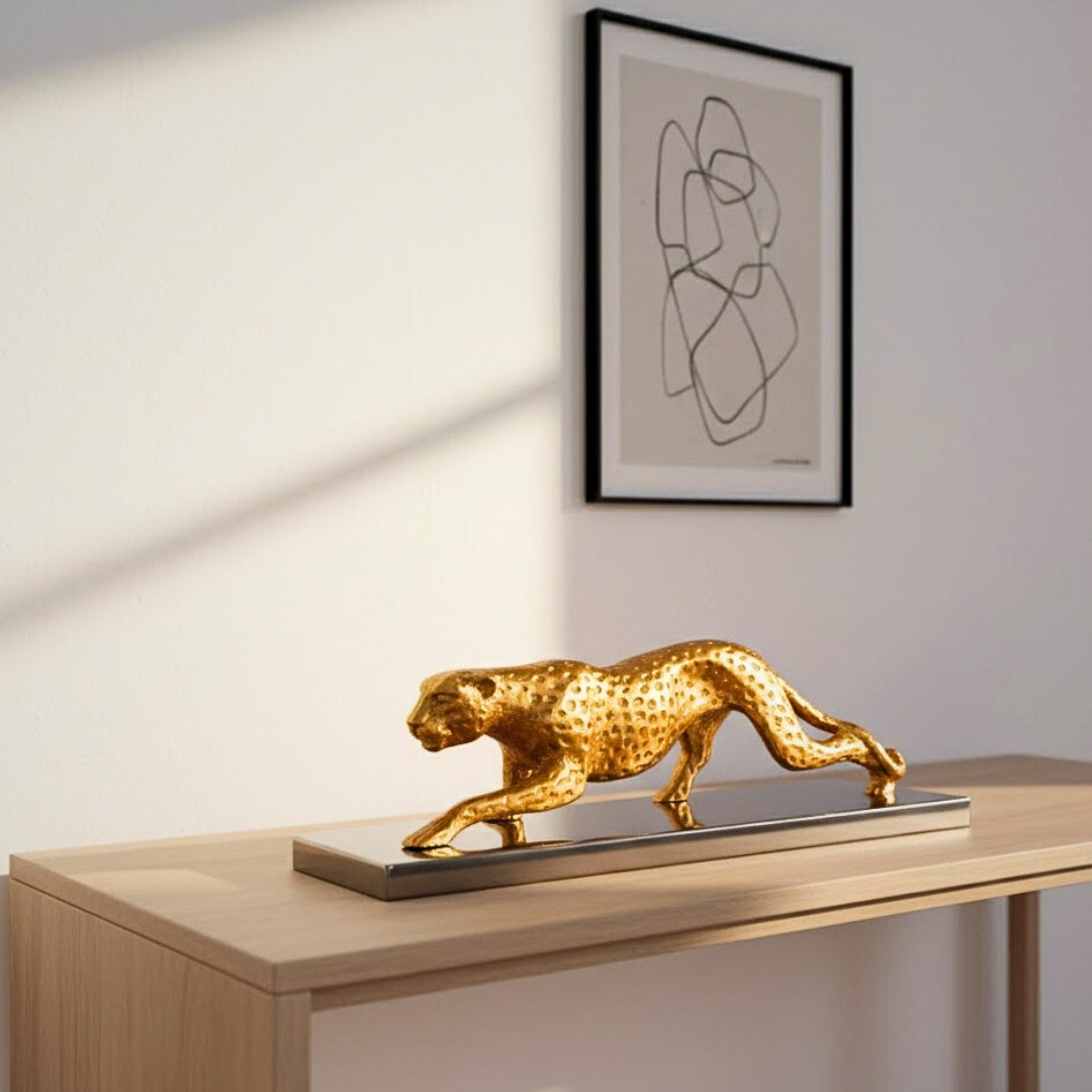 Elegante Statua Decorativa Leopardo Dorato 42 cm con Incisione Personalizzata