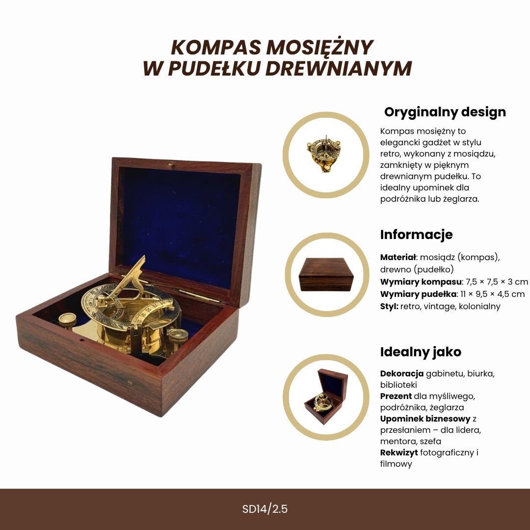 Bussola Dollond in Ottone in Scatola di Legno con Funzione Orologio Solare - Ideale come Regalo con Possibilità di Incisione - Stile Antico, Dimensioni 7,5 x 7,5 x 3 cm
