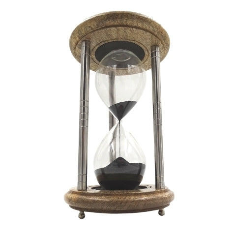 Clessidra in Ottone e Legno 10 min con Incisione - Regalo Elegante Nero, Altezza 25 cm, Realizzata in Metallo, Vetro e Legno di Mango