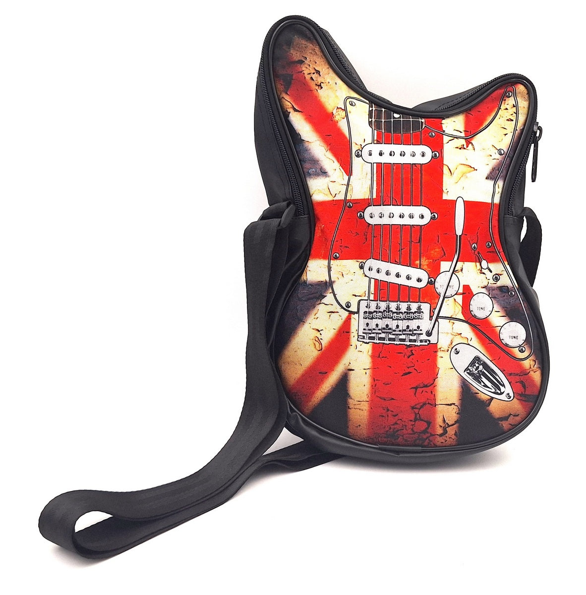 Borsa a tracolla a forma di chitarra con bandiera britannica RBG-008 con possibilità di personalizzazione tramite incisione