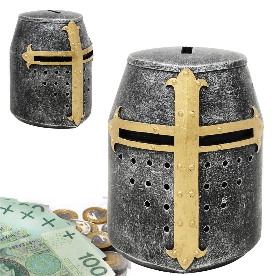 Salvadanaio elmo cavaliere crociato con personalizzazione tramite incisione – regalo unico in stile medievale, altezza 10 cm, dipinto a mano in poliresina