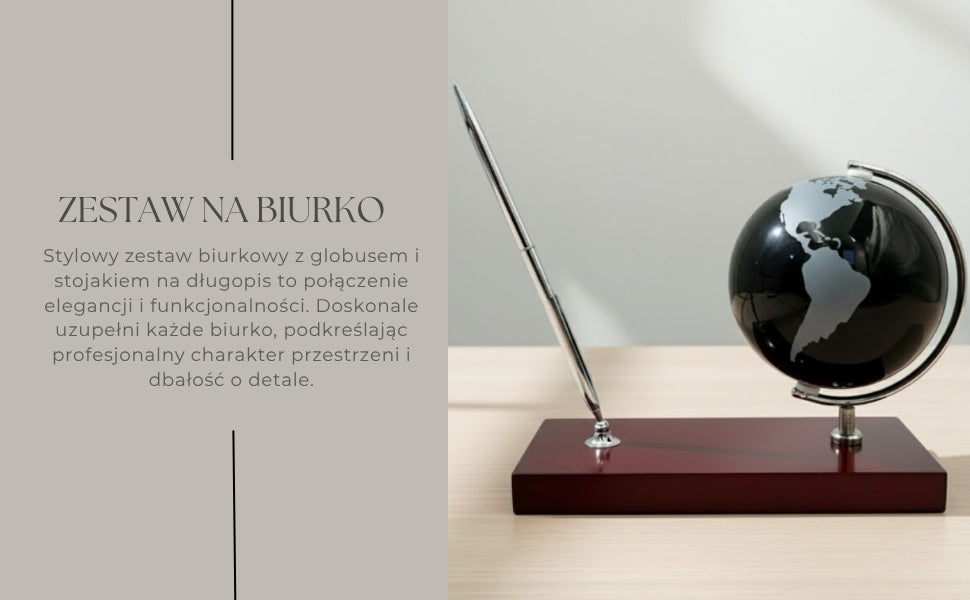 Elegante set decorativo da scrivania con incisione personalizzata - globo portapenne in metallo cromato e legno scuro