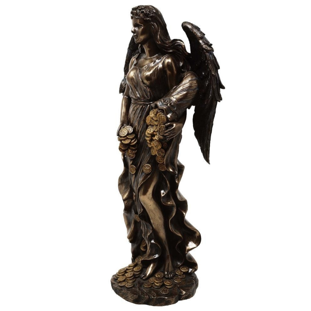 Figura Fortuna Dea della Fortuna e della Ricchezza 29 cm con corno dell’abbondanza - Incisione personalizzata per regalo, elegante decorazione in conglomerato di resina in tonalità marrone e rame