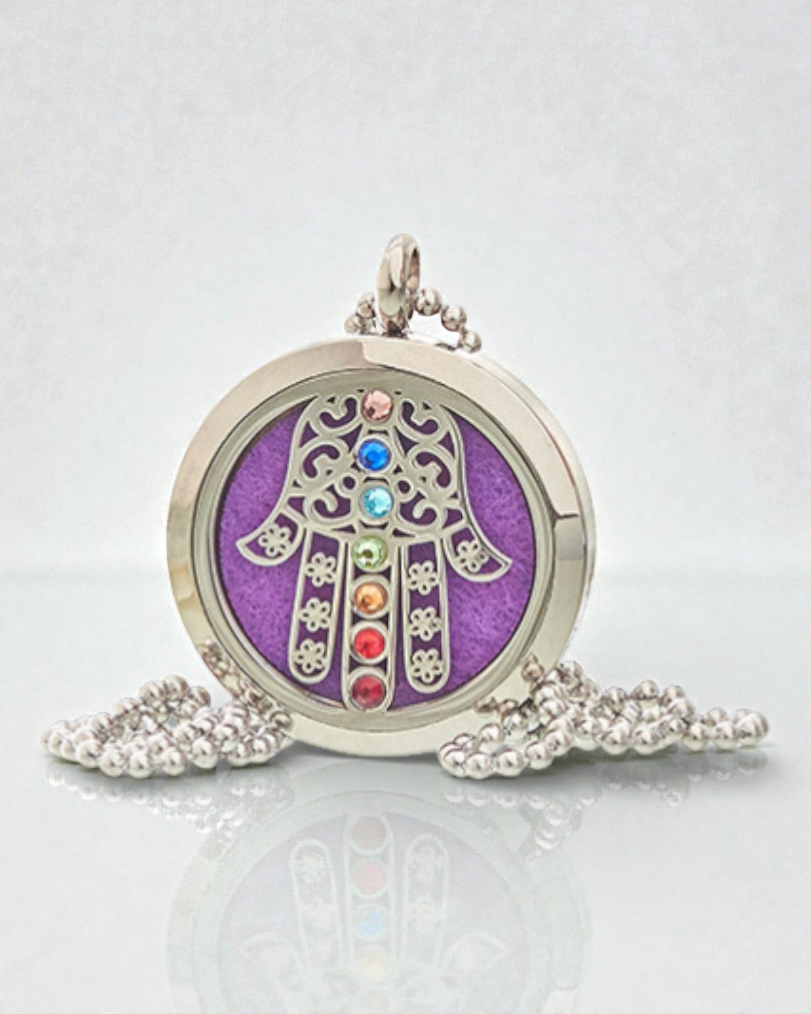 AromaHamsa Chakra – Collana aromaterapica con medaglione Hamsa 30 mm