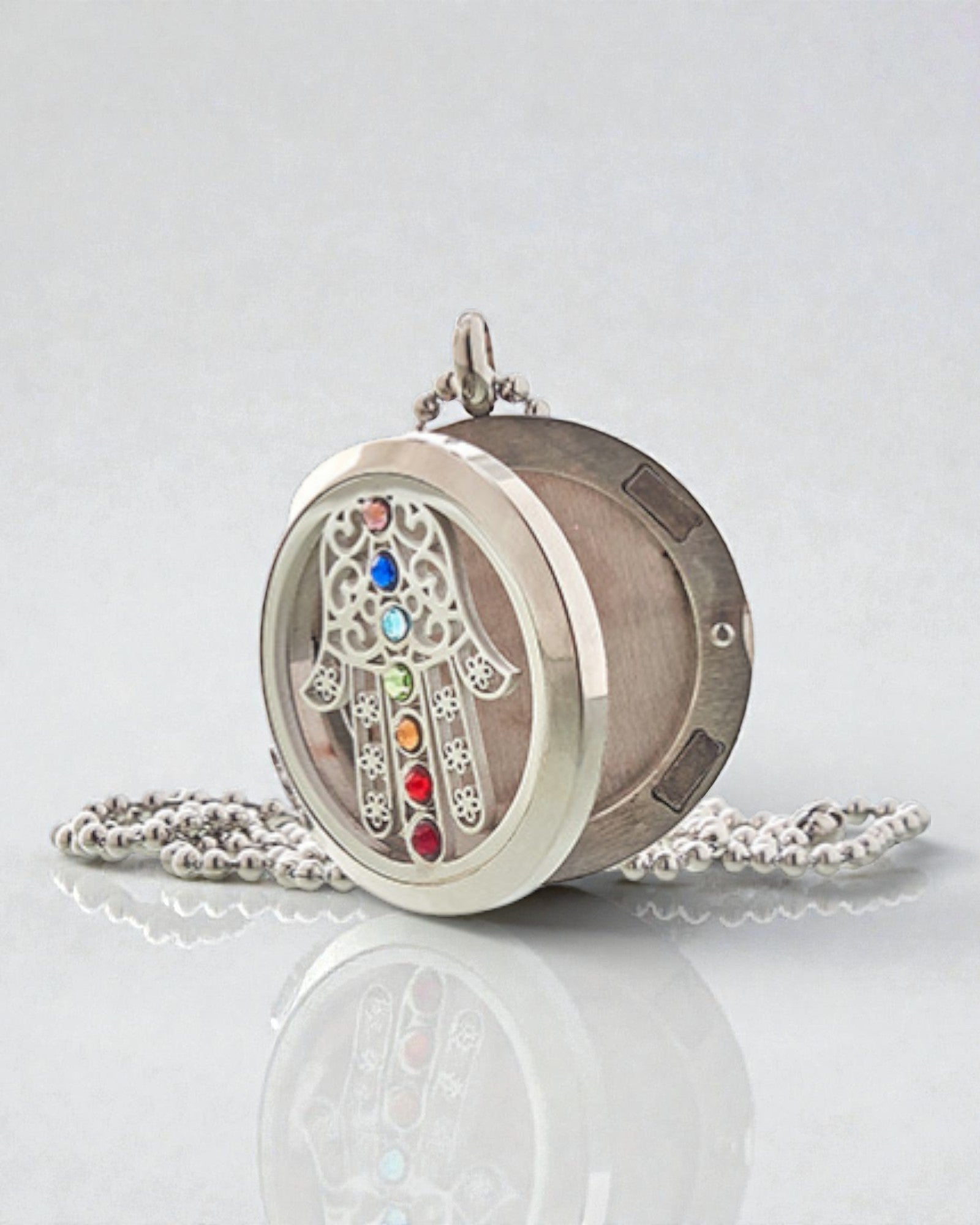 AromaHamsa Chakra – Collana aromaterapica con medaglione Hamsa 30 mm