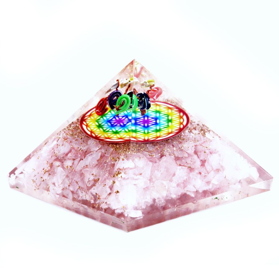 Piramide di Orgone con Quarzo Rosa e Motivo Arcobaleno del Fiore della Vita