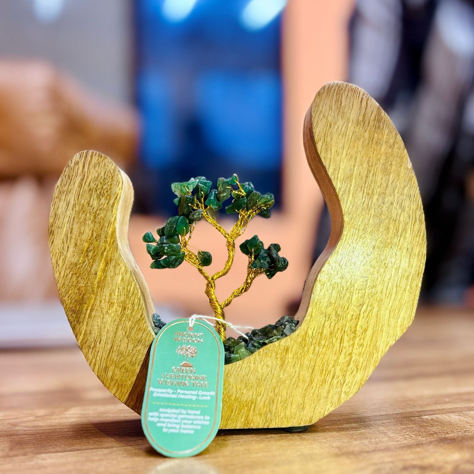 Giardino di Pietre con Avventurina Verde - Albero Artigianale in Anello di Legno di Mango