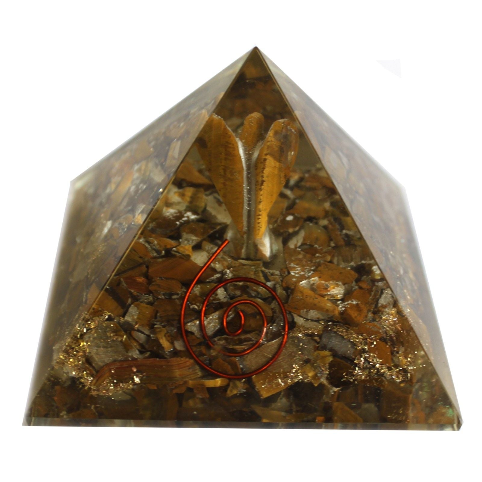 Piramide Magica Orgonite 70 mm - Angelo con Oggetti Esoterici, Interno Verdastro e Finitura a Mano