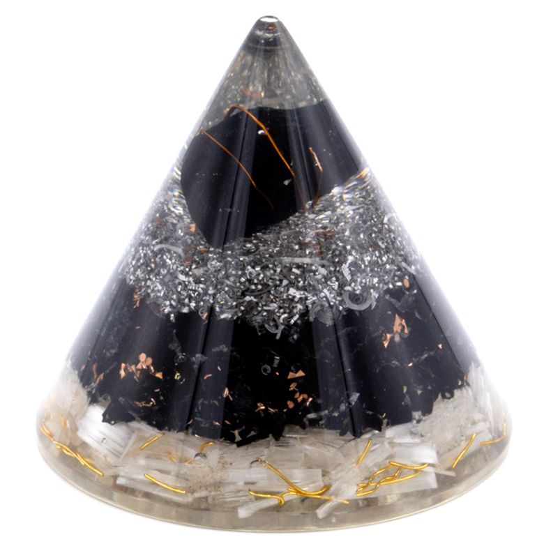 Cono di Orgone con Selenite e Tormalina Nera - Elegante Decorazione Altezza 90 mm, Resina Poliestere, Protezione contro l'Inquinamento Elettromagnetico