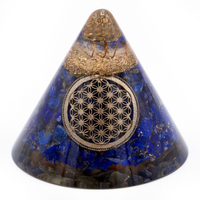 Cono Orgonite Lapislazzuli Fiore della Vita con Quarzo Sospeso - 90 mm, Blu-Oro, Resina Vetrata e Scaglie Metalliche