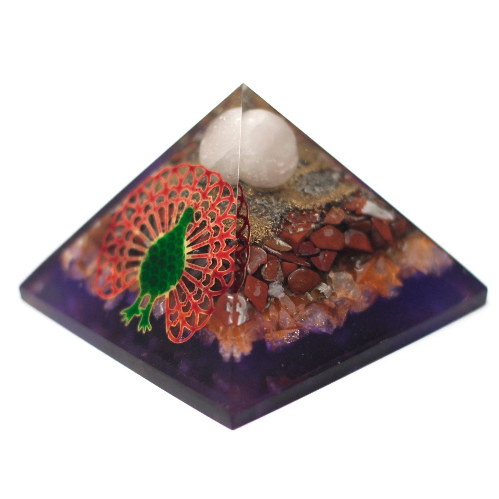 Piramide Orgonite 70mm - Pavone in Design Multicolore con Pietre Preziose e Rame