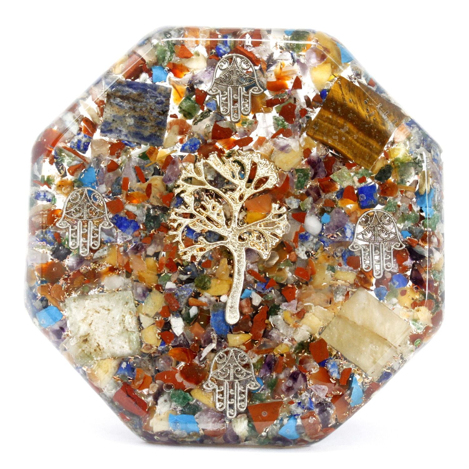 Pacchetto di Energia da Scrivania Orgonite - Albero della Vita - Grande - Realizzato a Mano con Pietre Preziose e Rame - Perfetto come Regalo - Dimensioni 11 cm x 1,5 cm - Protezione contro l’Inquinamento Elettromagnetico - Simbolo di Armonia ed Energia