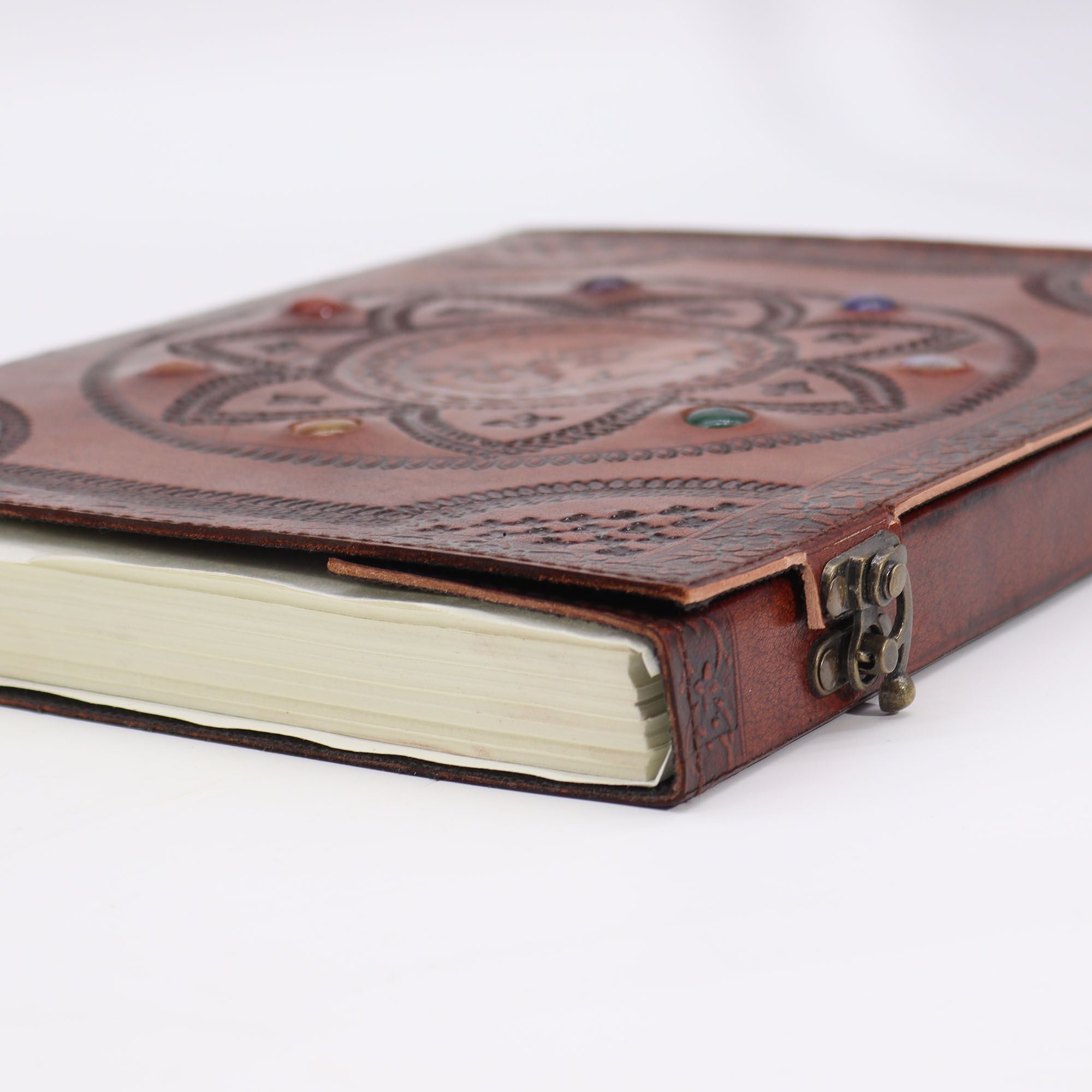 Libro della Mandala del Drago con Pietre Chakra - Realizzato a Mano, Pelle Naturale, 100 Pagine Lisce, 25x34 cm