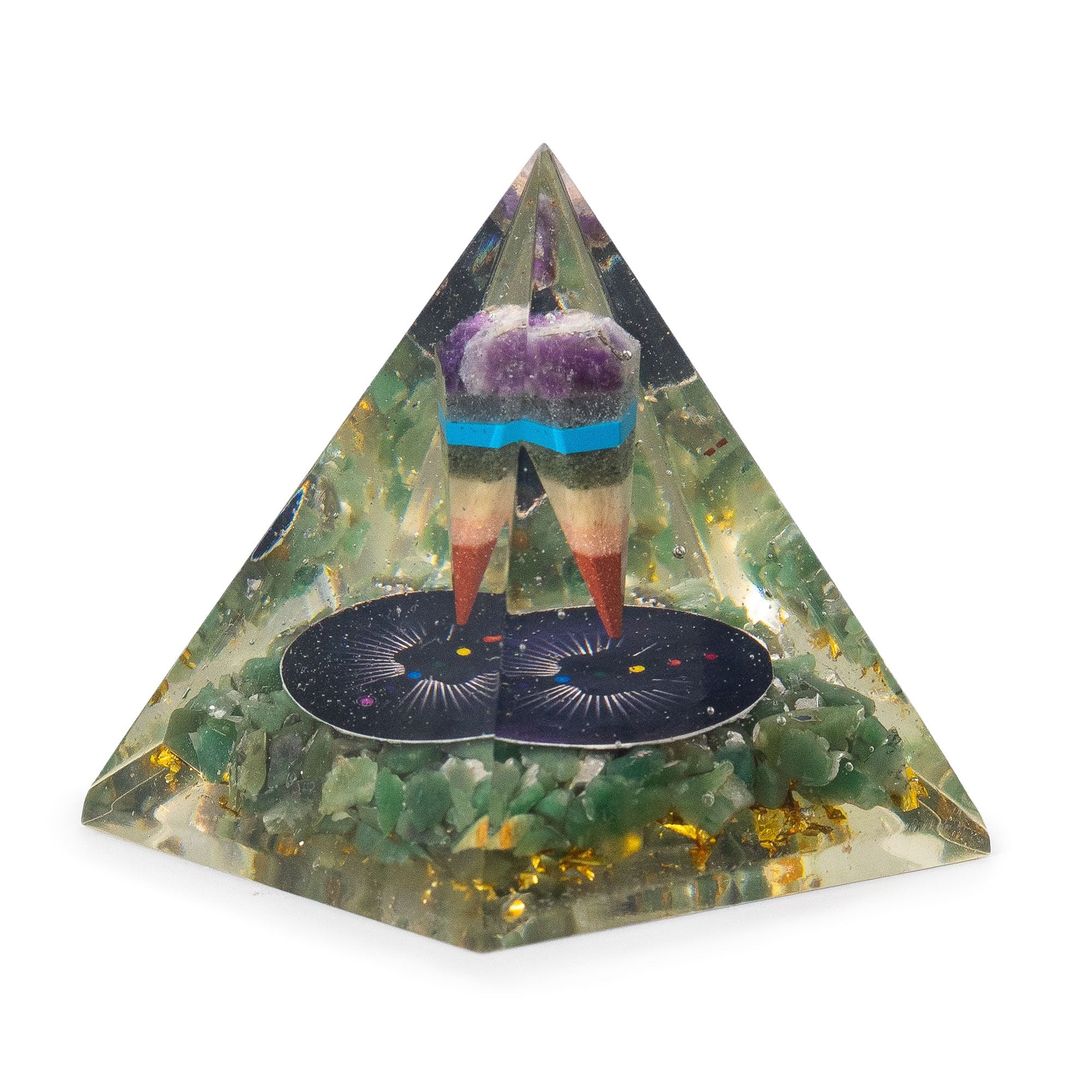 Piramide Orgonite Media con Pendolo e Chips Verdi di Avventurina 7x6 cm