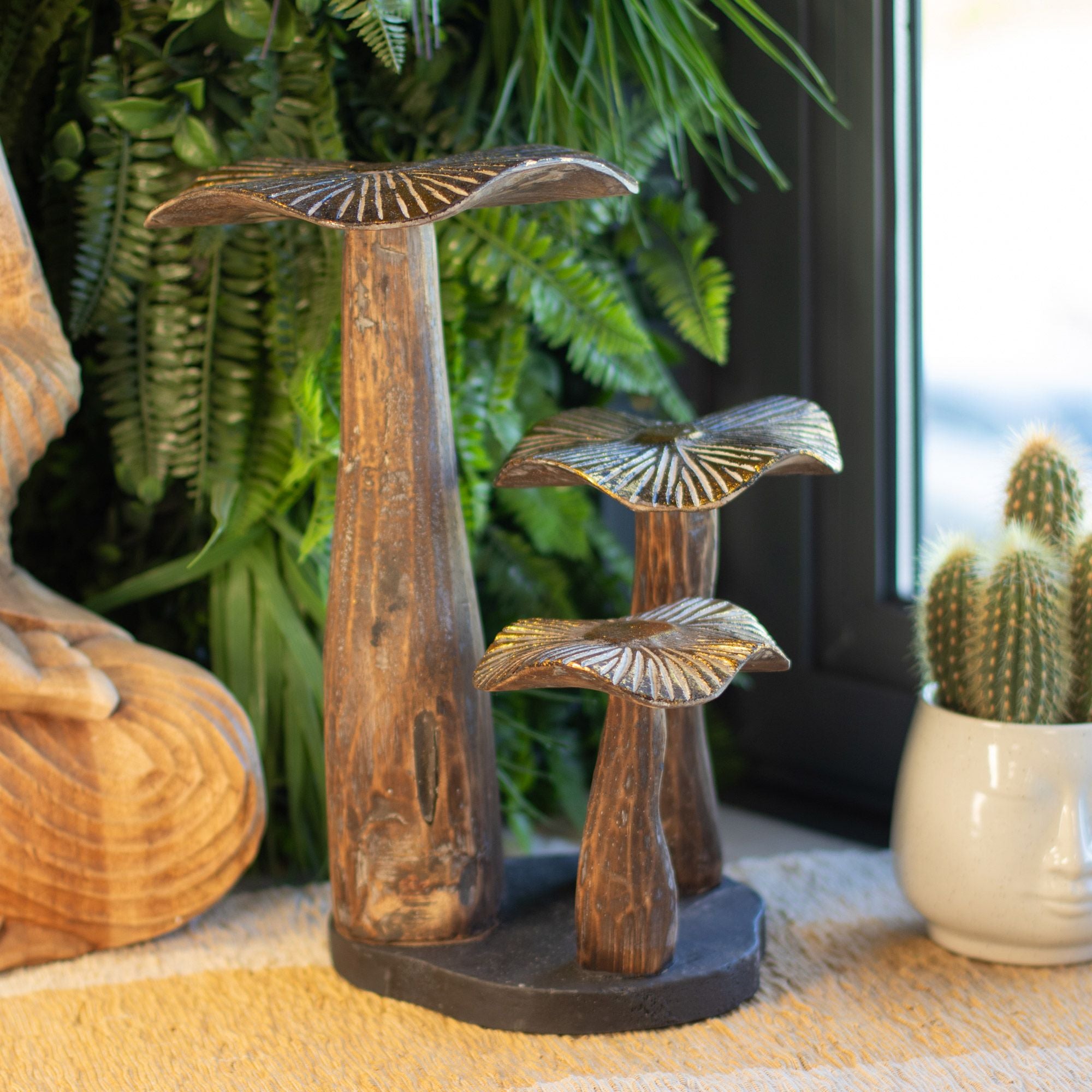 Grande scultura di fungo dorato 32 cm - legno naturale - elemento decorativo unico per regalo - stile forestale, rustico e moderno