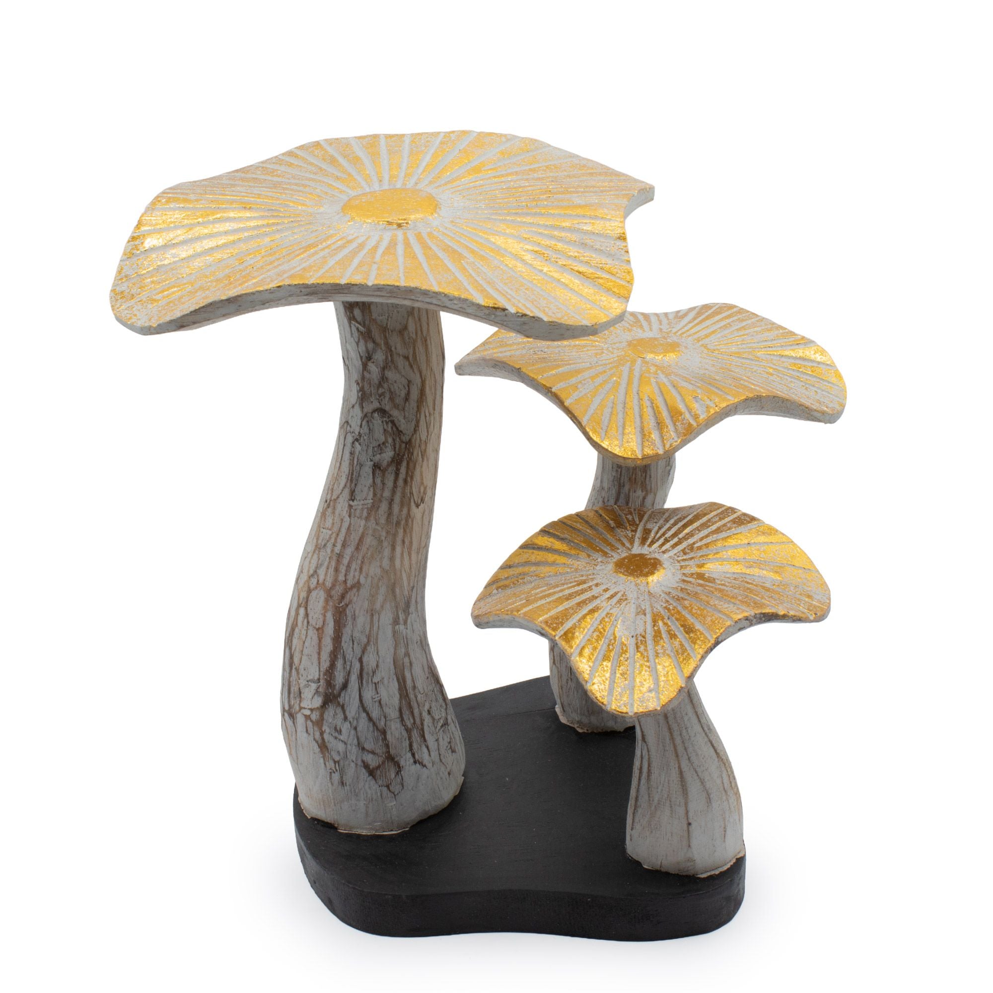 Figura artistica di fungo dorato 25 cm con finitura bianca e dettagli dorati - regalo unico in legno di Albasia per interni boho e naturali