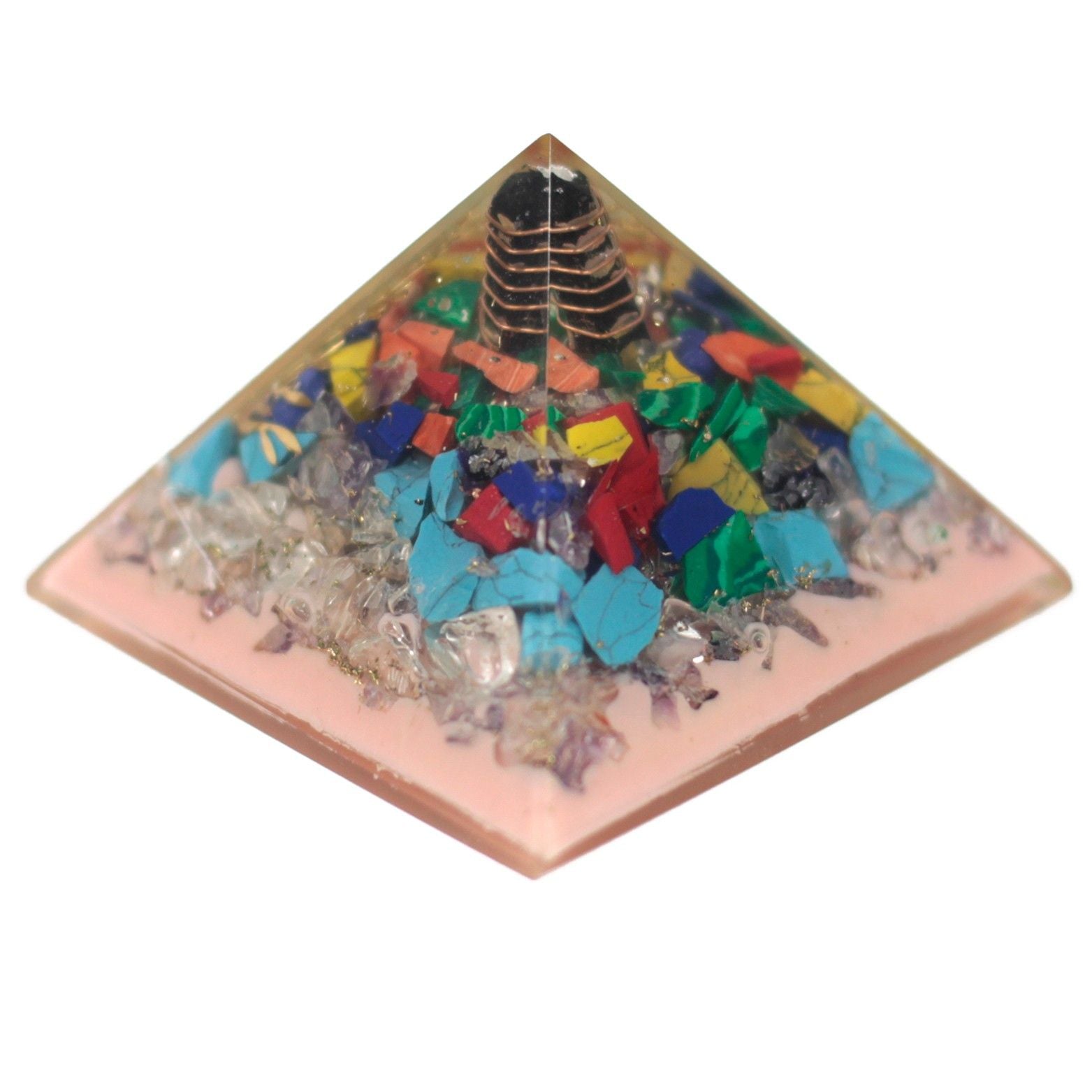 Piramide Orgonite 70mm - Albero con pietre preziose, rame e inserti metallici