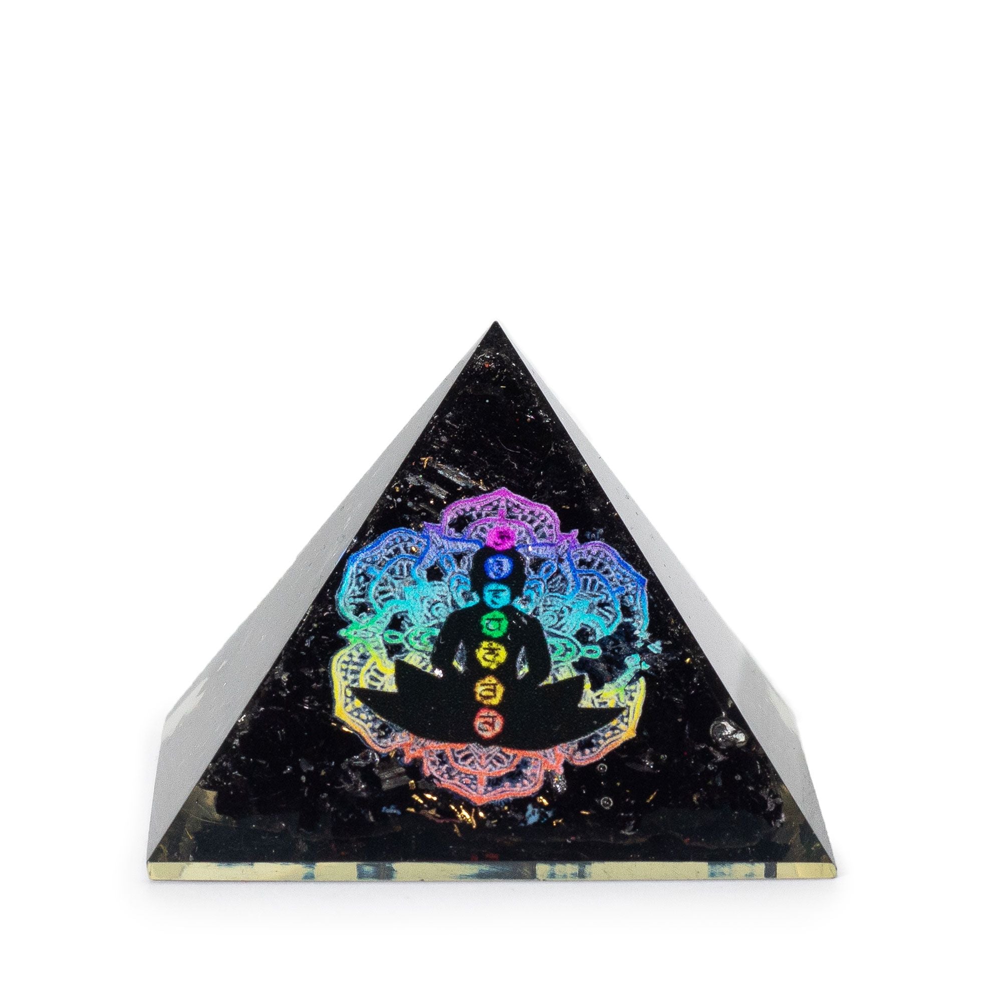 Piccola Piramide di Orgone in Tormalina Nera 5,5x4,5 cm con Motivo Buddha Chakra