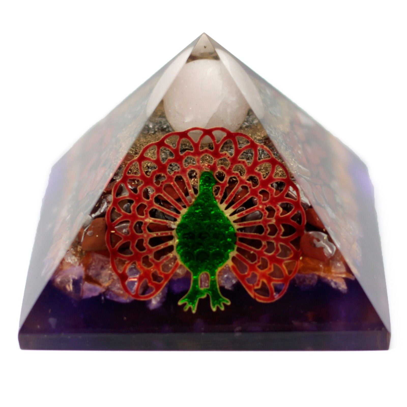 Piramide Orgonite 70mm - Pavone in Design Multicolore con Pietre Preziose e Rame