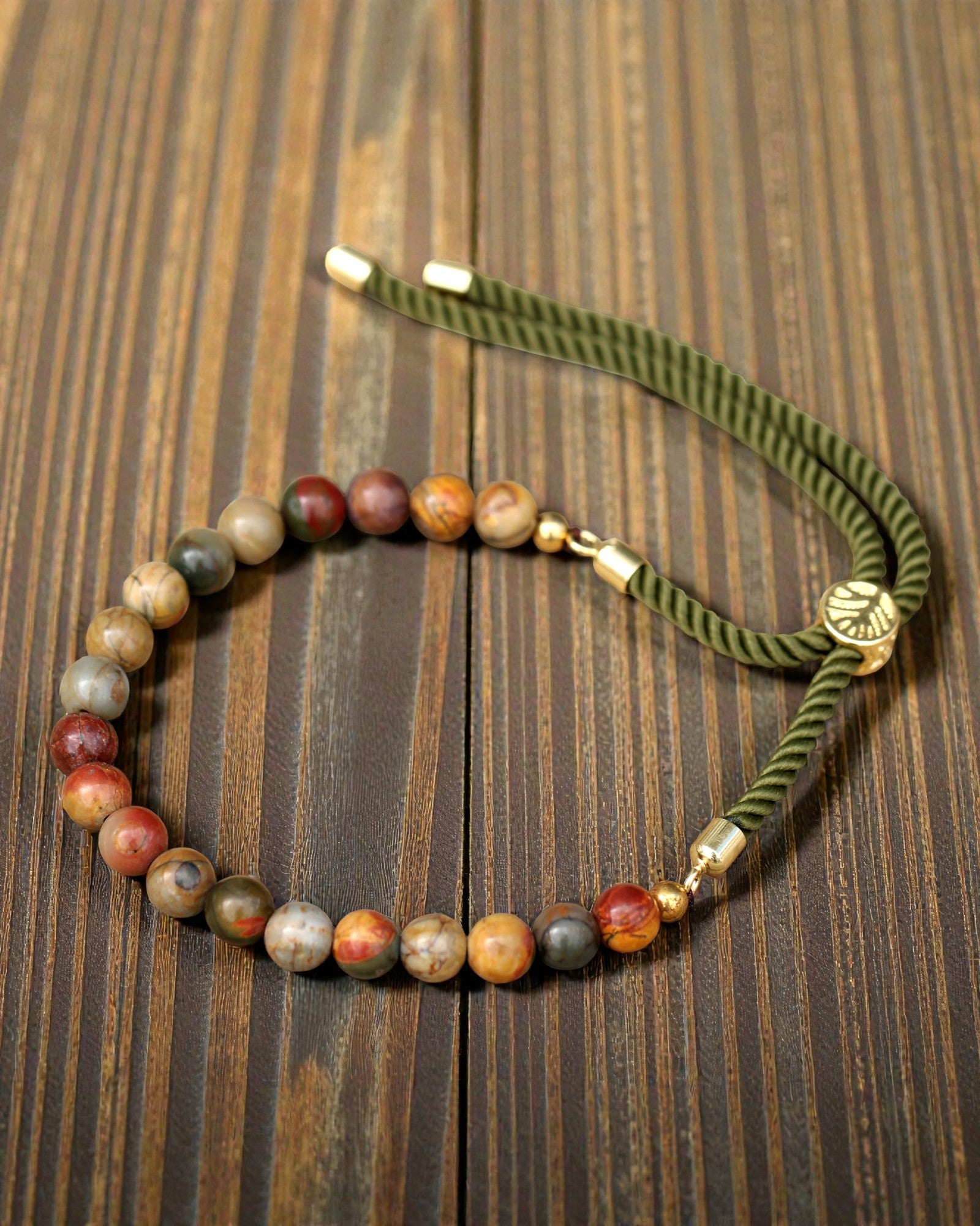 Moss Aura – Bracciale con Iaspe Picasso e Oro 18K su Cordino Verde