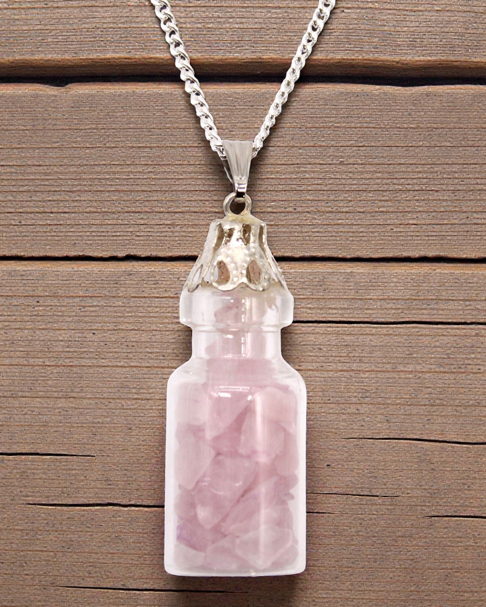 Bottiglietta dei Sentimenti – Collana con Quarzo Rosa in Fiala di Vetro