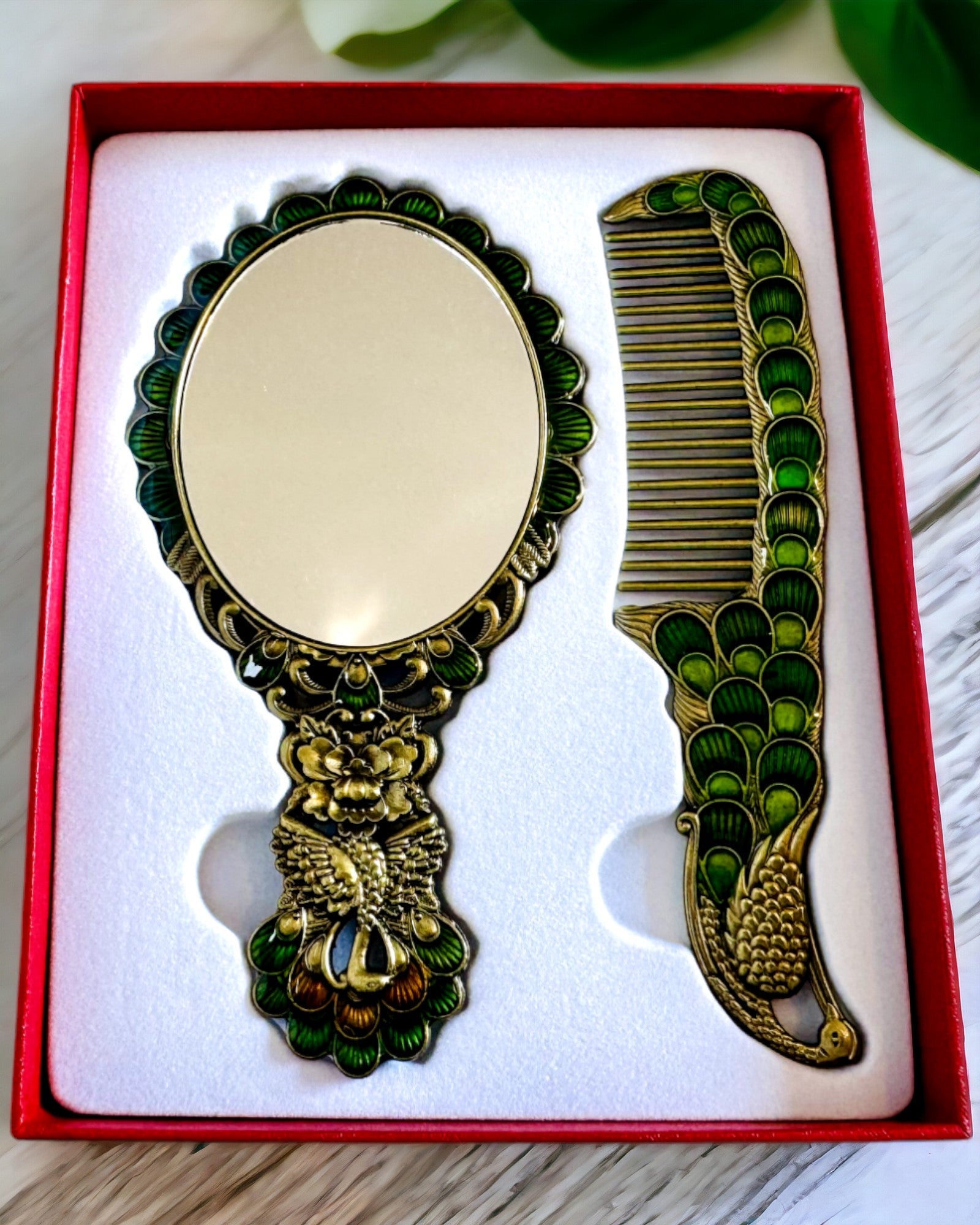 Set Vintage con Specchio e Pettine a Motivo di Pavone - Accessori Cosmetici Decorativi