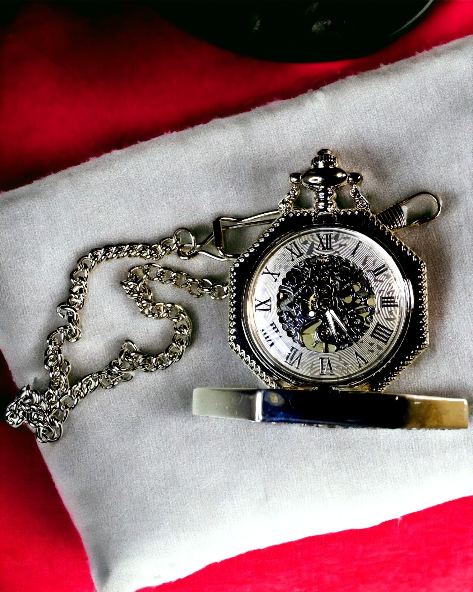 Orologio da Tasca Meccanico Ottagonale Classico in Argento con Quadrante Scheletrato in Stile Steampunk