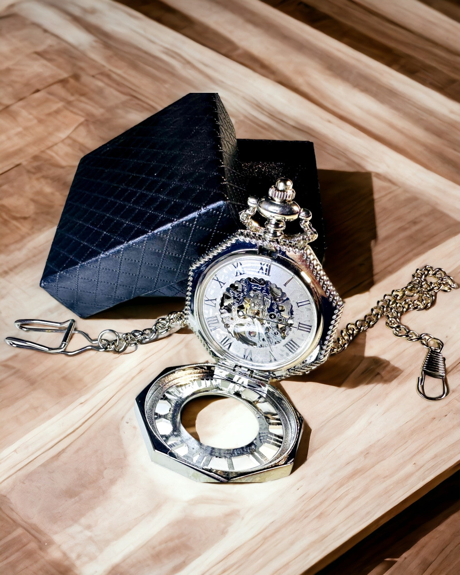 Orologio da Tasca Meccanico Ottagonale Classico in Argento con Quadrante Scheletrato in Stile Steampunk