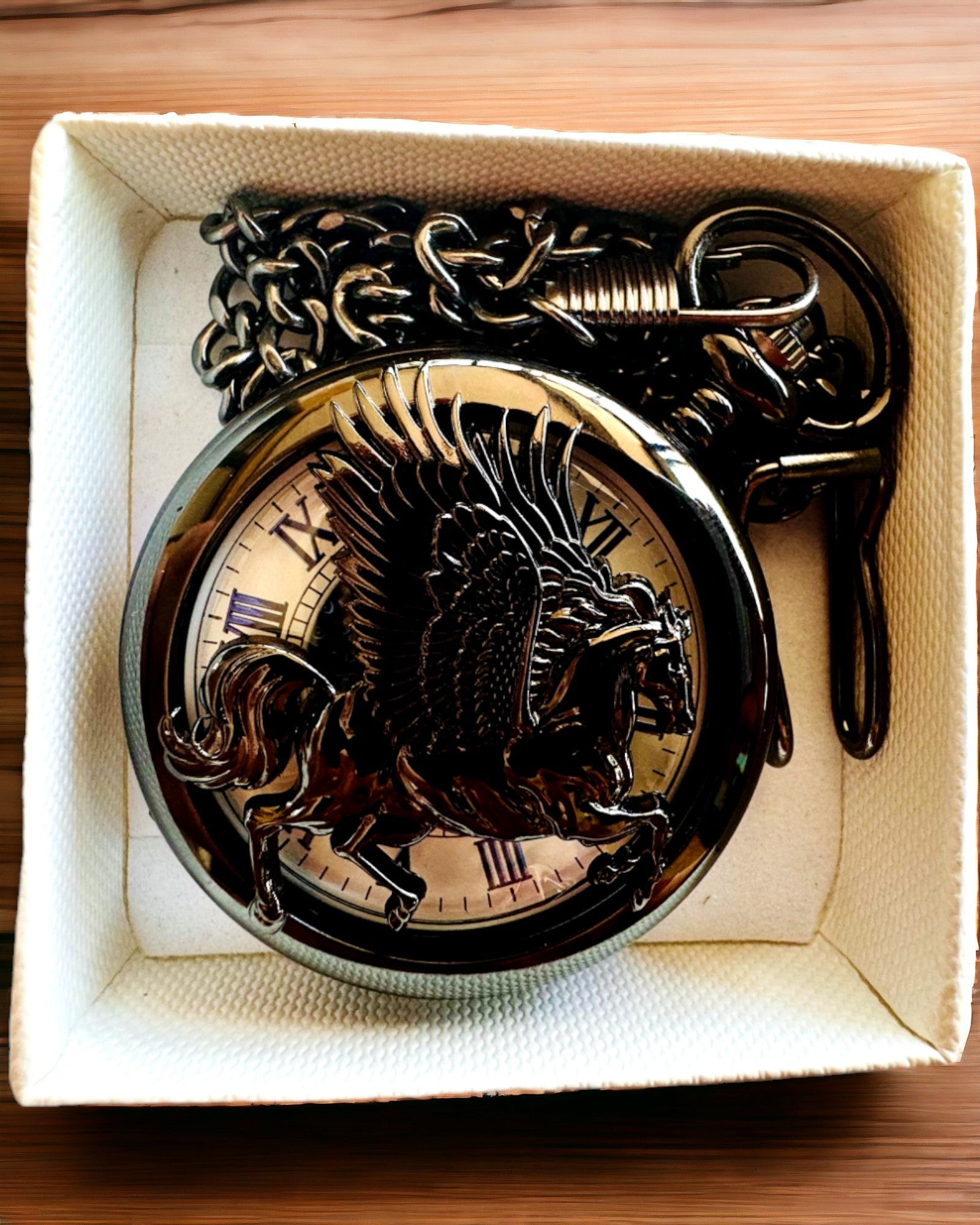 Orologio da Tasca "Equus Tempus" - Nero con Motivo Cavallo, possibilità di personalizzazione con incisione - quadrante bianco