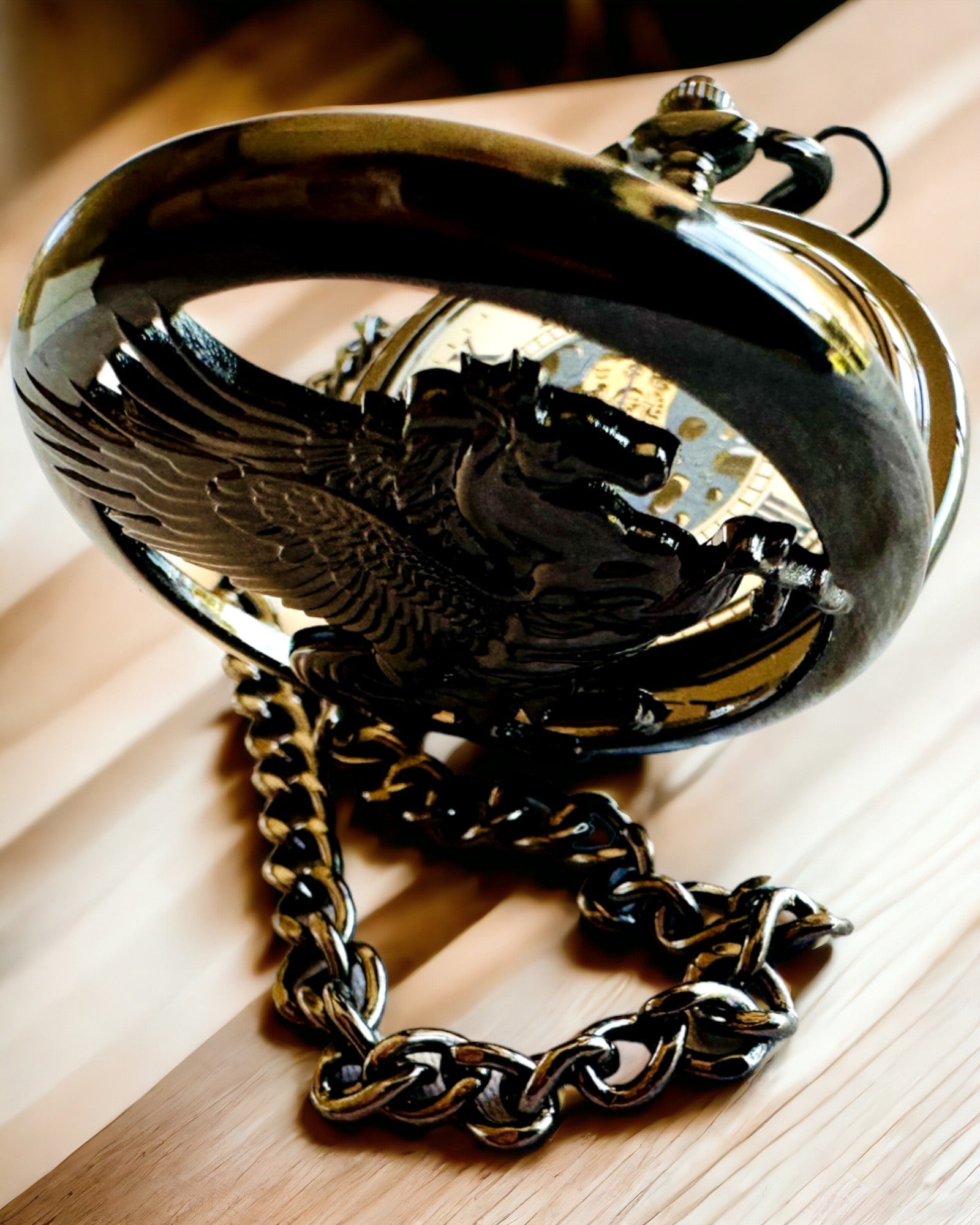 Orologio da Tasca "Equus Tempus" - Nero con Motivo Cavallo, possibilità di personalizzazione con incisione - quadrante bianco