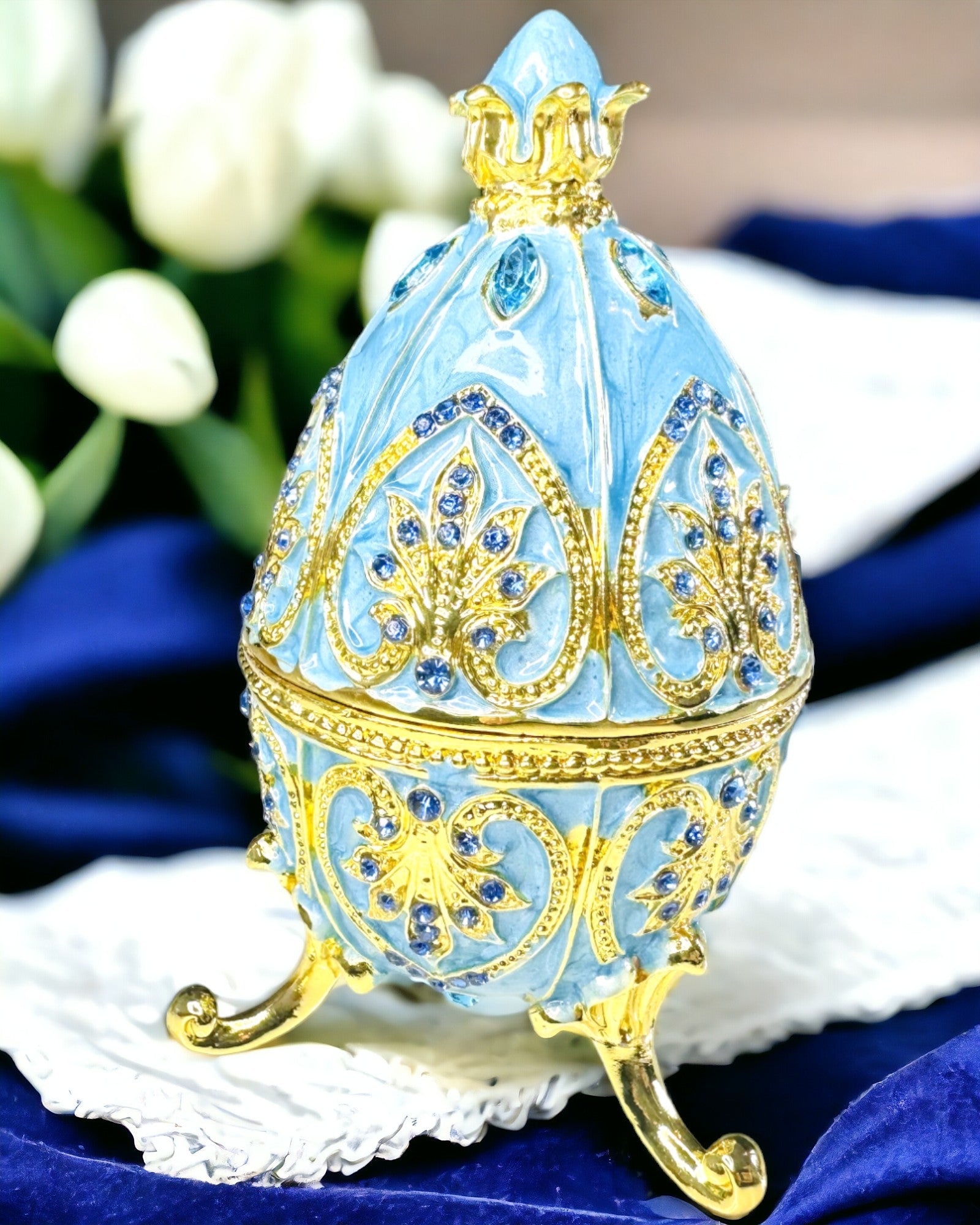 Uovo Fabergé Celestiale – Organizzatore di Gioielli Smaltato - colore cielo blu. Personalizzazione con incisione