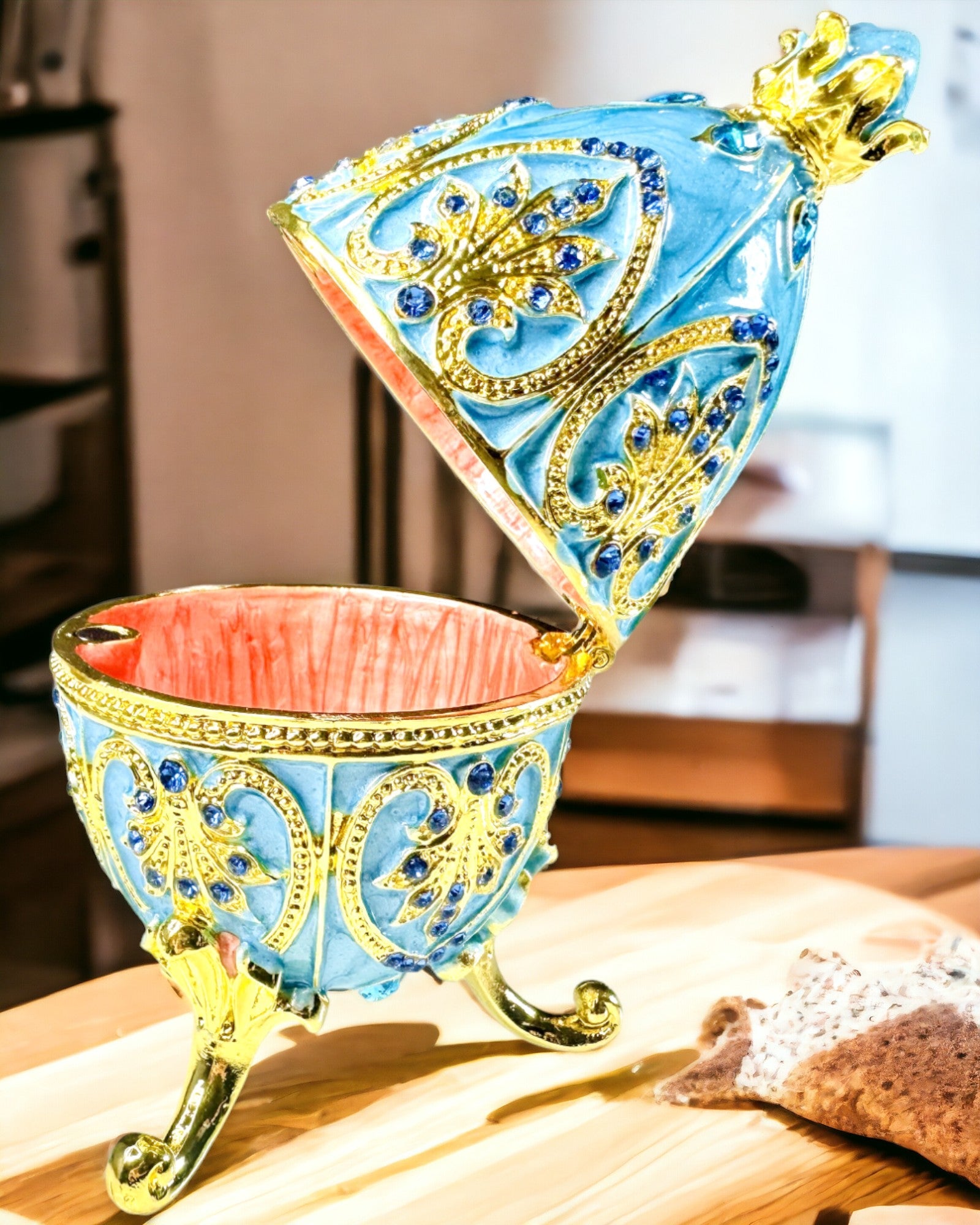 Uovo Fabergé Celestiale – Organizzatore di Gioielli Smaltato - colore cielo blu. Personalizzazione con incisione