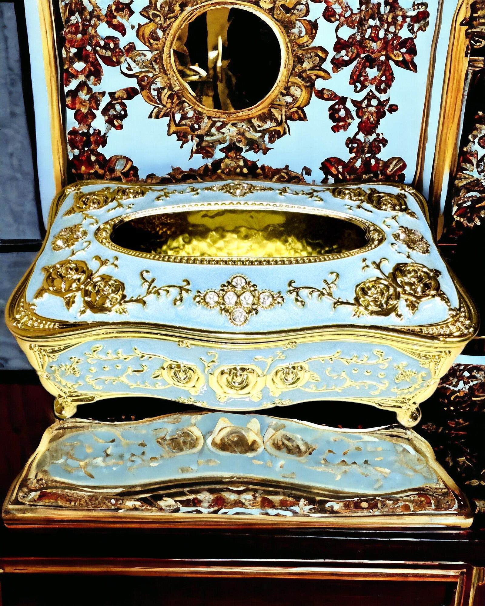 Scatola di Lusso per Fazzoletti con Motivo a Rilievo di Rose e Maniglie Eleganti