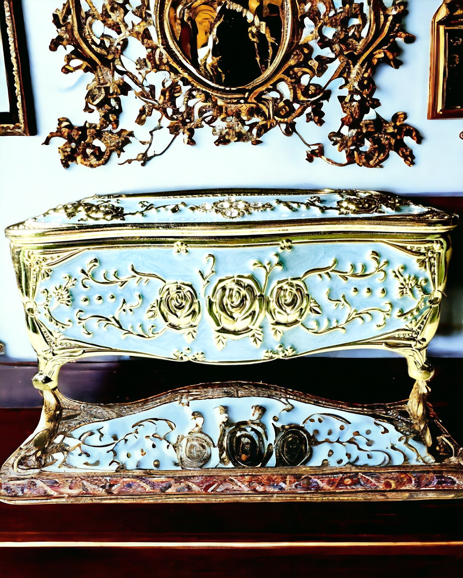 Scatola di Lusso per Fazzoletti con Motivo a Rilievo di Rose e Maniglie Eleganti