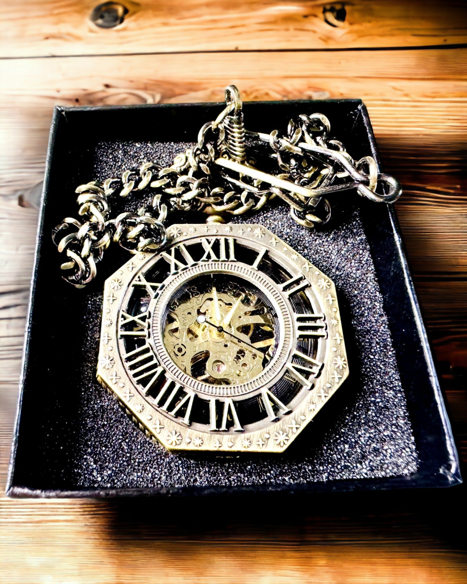 Orologio da Tasca Meccanico in Stile Steampunk Ottagonale Classico Colore Marrone - Senza Tempo