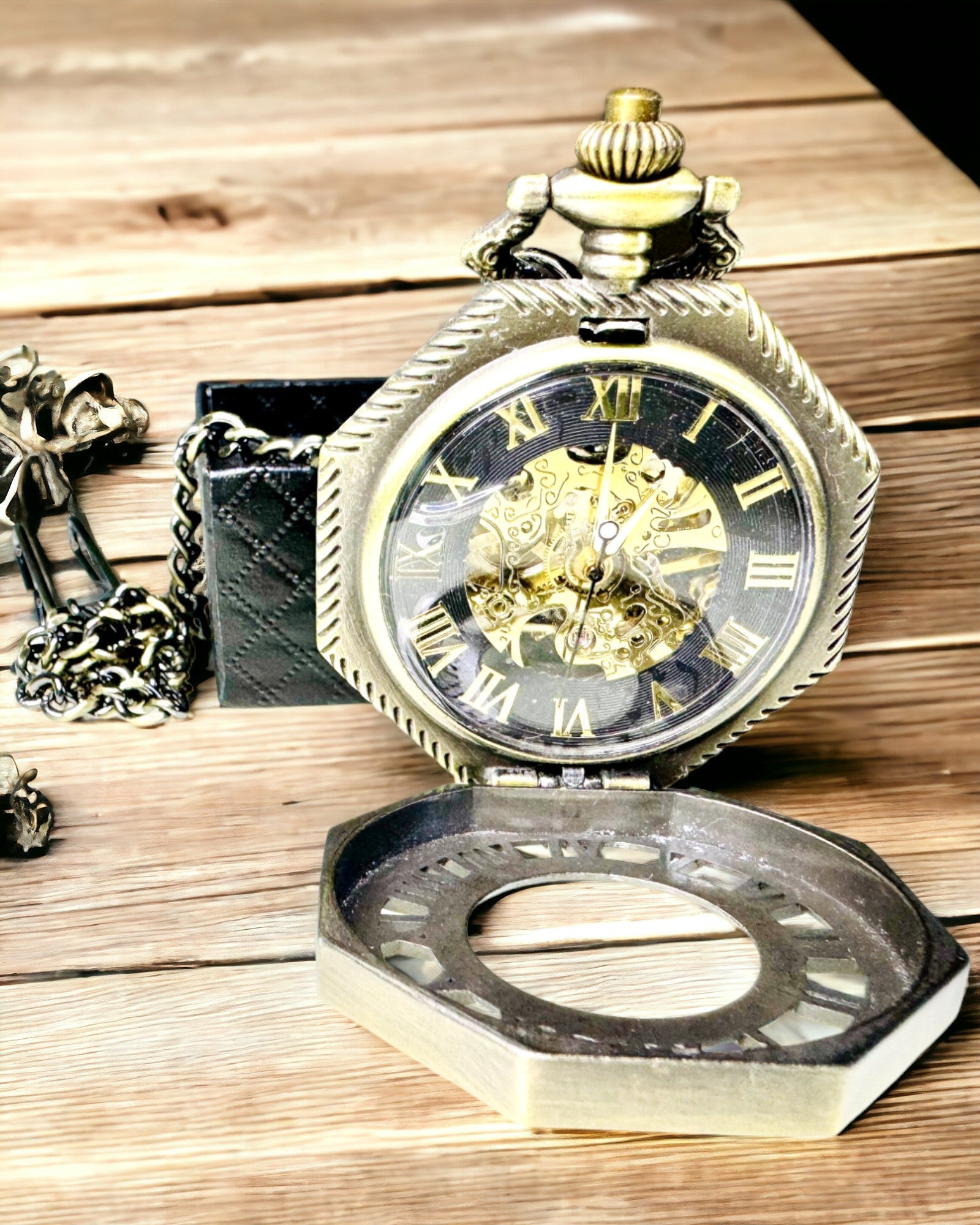 Orologio da Tasca Meccanico in Stile Steampunk Ottagonale Classico Colore Marrone - Senza Tempo