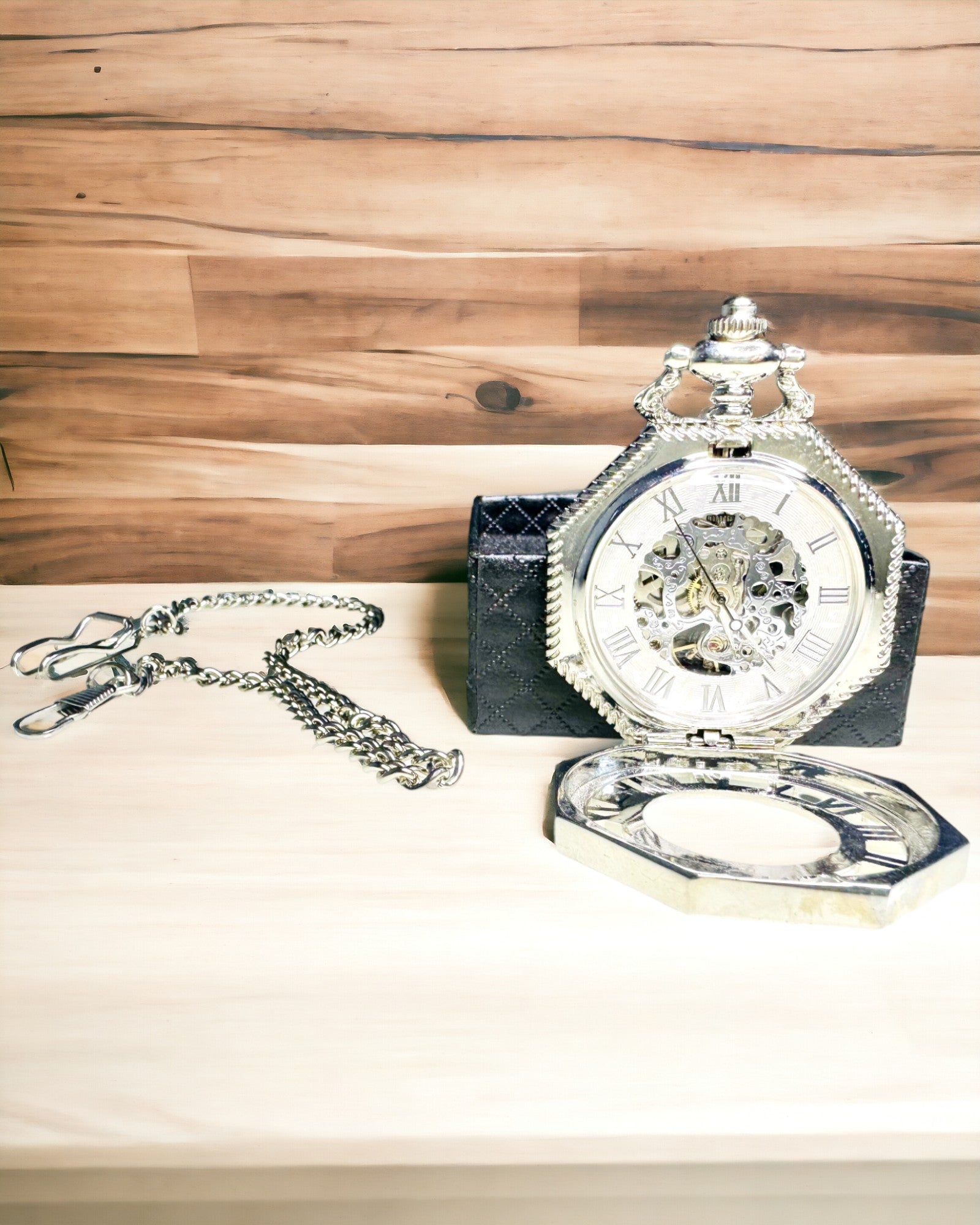 Orologio da Tasca Meccanico Ottagonale Classico in Argento con Quadrante Scheletrato in Stile Steampunk
