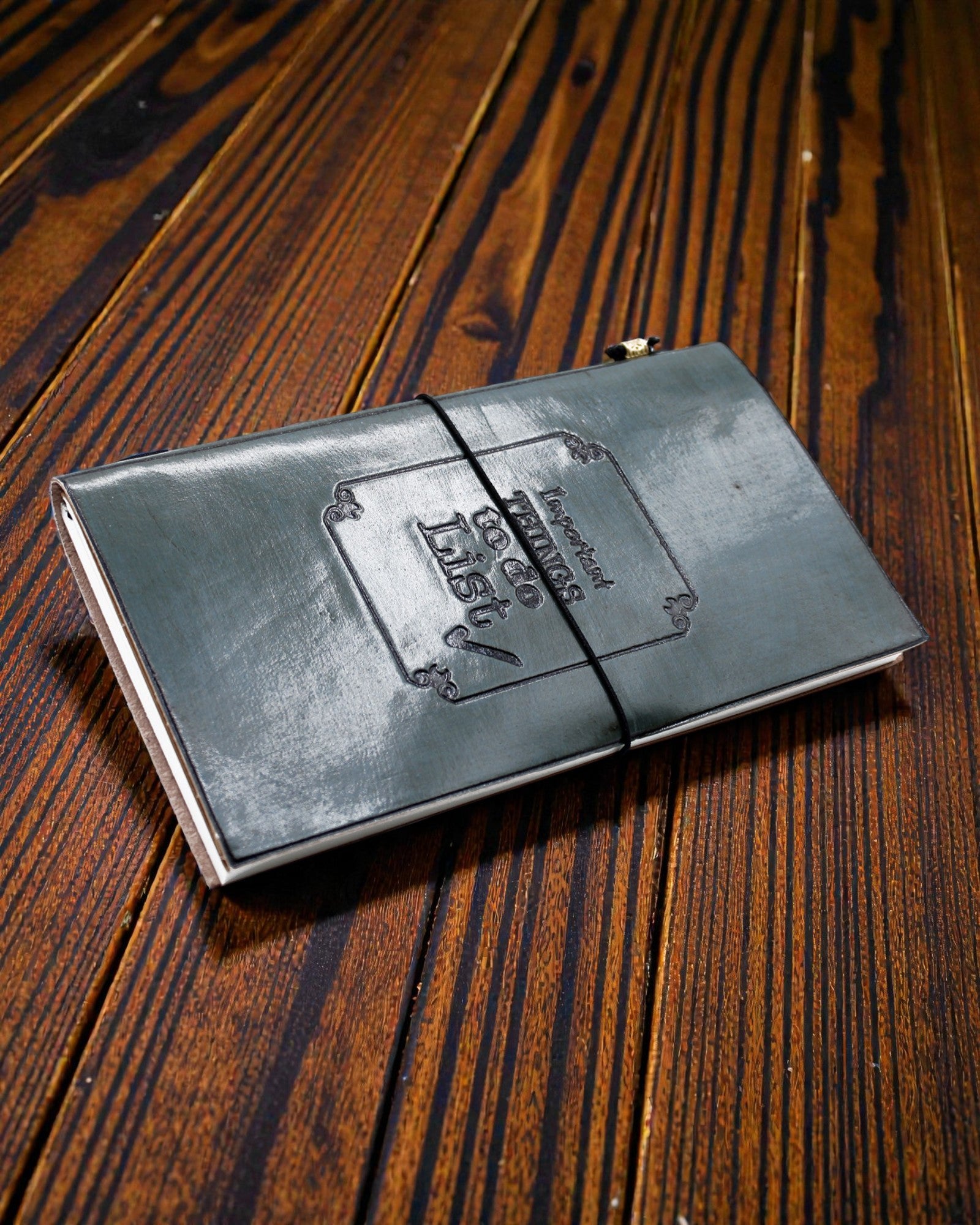 Cose importanti da fare – taccuino in pelle grigia fatto a mano 22 × 12 × 1,5 cm, 80 pagine