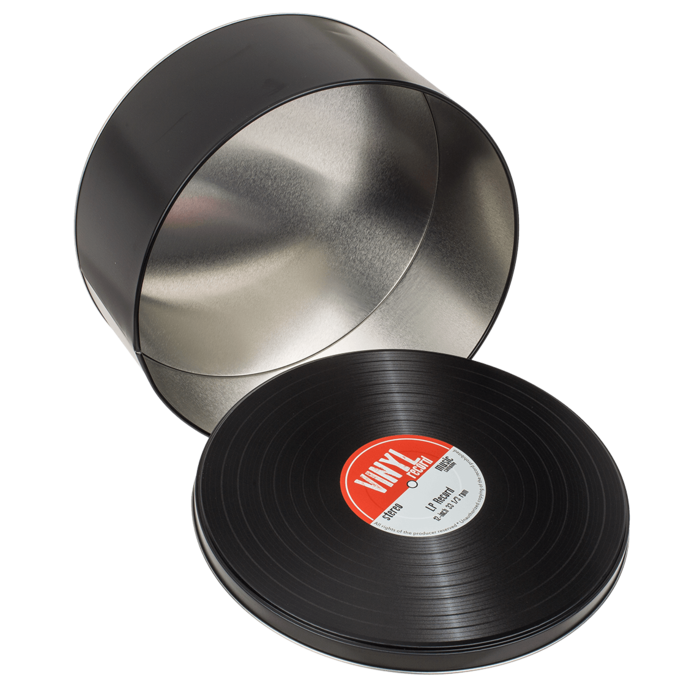 Scatole in metallo, stilizzate come dischi in vinile in stile retrò, personalizzabili con incisione