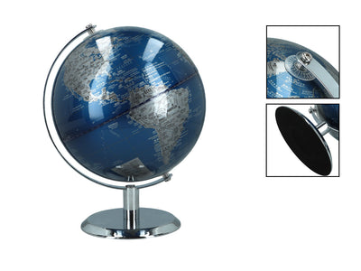 Piccolo globo decorativo nei colori blu e argento, personalizzabile con incisione, ideale come regalo, altezza 20 cm, elegante decorazione per il soggiorno con nomi geografici in inglese e cinese.