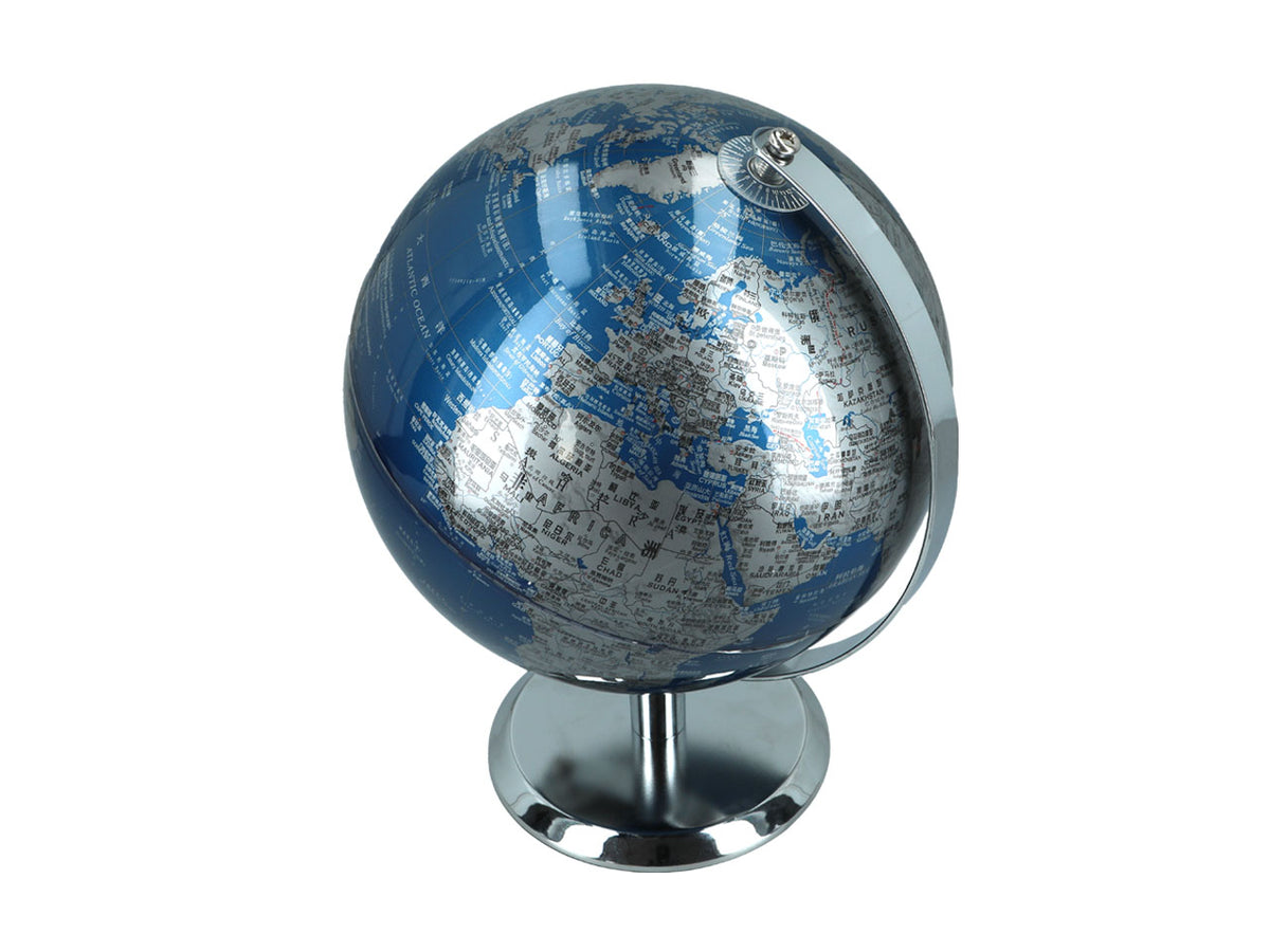 Piccolo globo decorativo nei colori blu e argento, personalizzabile con incisione, ideale come regalo, altezza 20 cm, elegante decorazione per il soggiorno con nomi geografici in inglese e cinese.