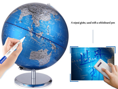 Piccolo globo decorativo nei colori blu e argento, personalizzabile con incisione, ideale come regalo, altezza 20 cm, elegante decorazione per il soggiorno con nomi geografici in inglese e cinese.