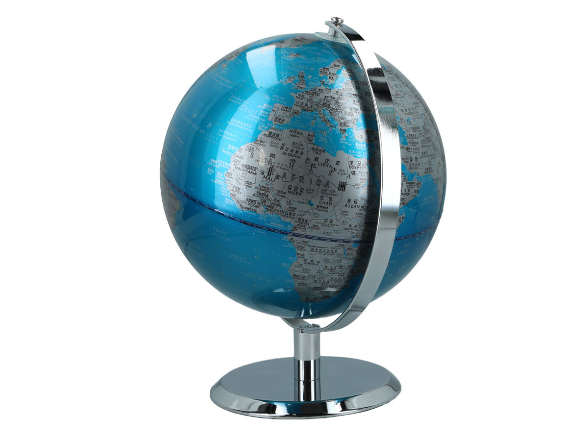 Grande globo decorativo blu e argento, personalizzabile con incisione, altezza 23 cm