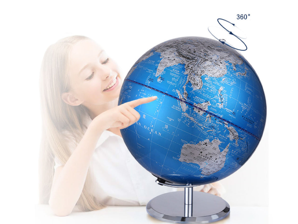 Grande globo decorativo blu e argento, personalizzabile con incisione, altezza 23 cm