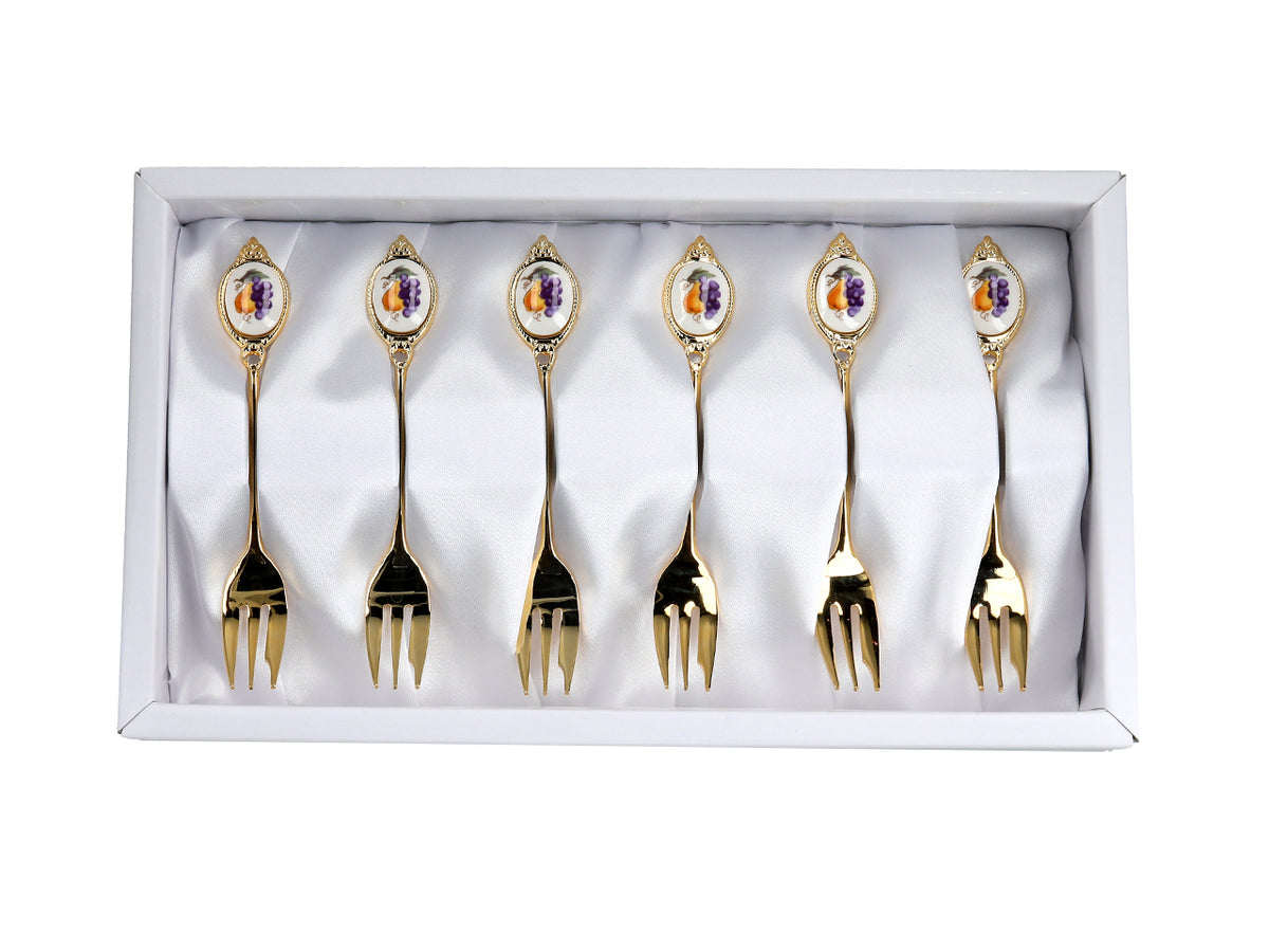 Set di 6 forchettine, forchettine rivestite in oro 24K, motivo a frutta