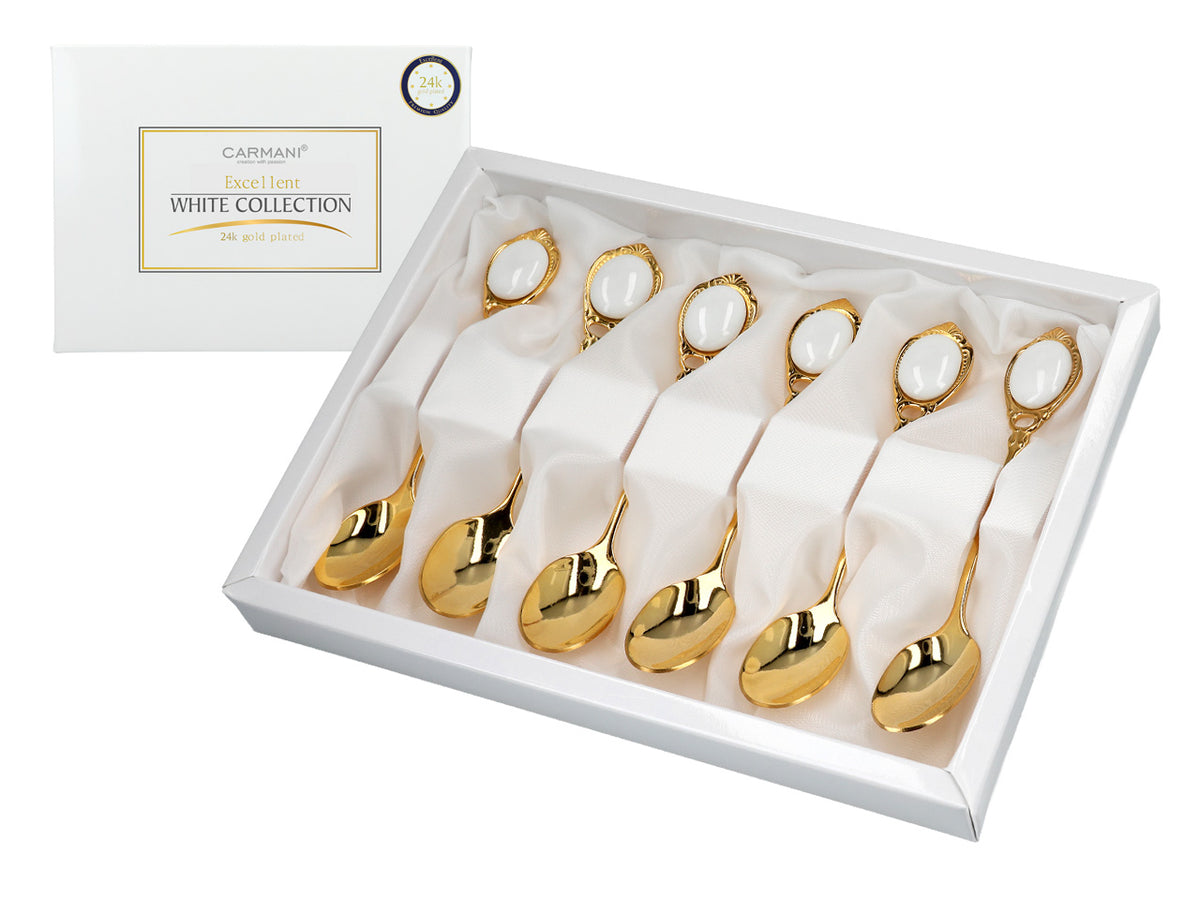 Set di 6 cucchiaini rivestiti in oro 24K Occhietti bianchi CARMANI, personalizzabile con incisione - regalo elegante per ogni occasione, dimensioni 13 cm