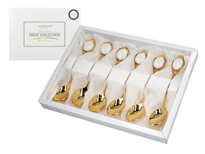 Set di 6 cucchiaini rivestiti in oro 24K Occhietti bianchi CARMANI, personalizzabile con incisione - regalo elegante per ogni occasione, dimensioni 13 cm