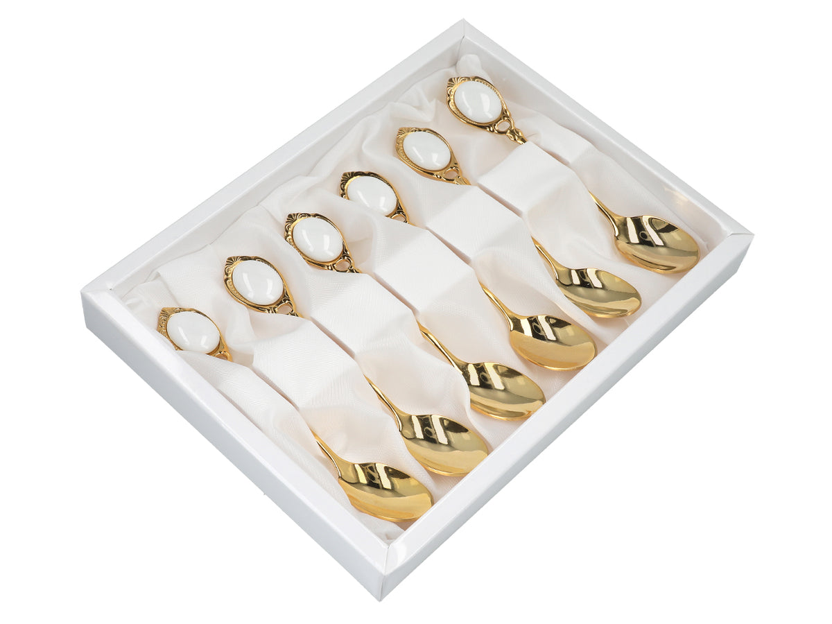 Set di 6 cucchiaini rivestiti in oro 24K Occhietti bianchi CARMANI, personalizzabile con incisione - regalo elegante per ogni occasione, dimensioni 13 cm