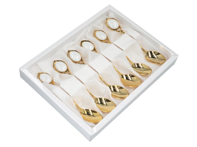 Set di 6 cucchiaini rivestiti in oro 24K Occhietti bianchi CARMANI, personalizzabile con incisione - regalo elegante per ogni occasione, dimensioni 13 cm