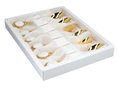 Set di 6 cucchiaini rivestiti in oro 24K Occhietti bianchi CARMANI, personalizzabile con incisione - regalo elegante per ogni occasione, dimensioni 13 cm
